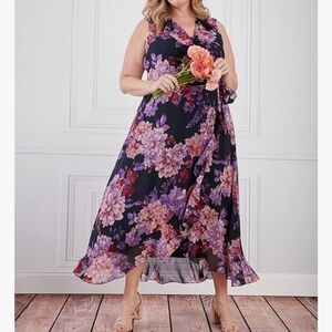 London Times Dark Floral Ruffled Midi Dress. Wedding Guest, Garden Party